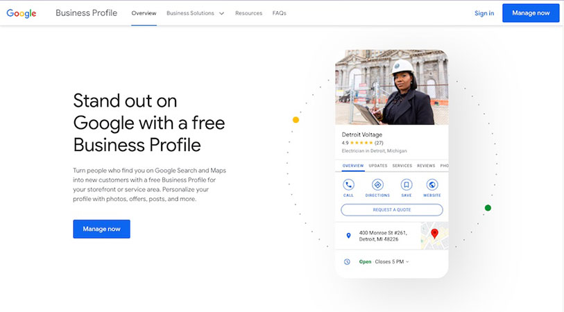 Página de inicio de Google Business Profile con ejemplo de ficha local