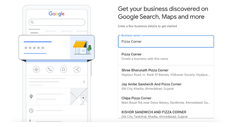 Google Business Profile setup screen showing a business name search for ‘Pizza Corner’ with suggestions and a mobile preview of a local listing.